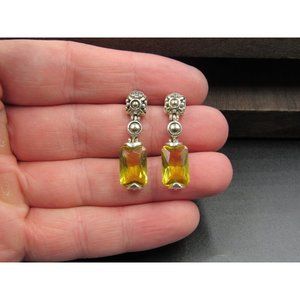 Sterling Silver Fancy Cut Yellow Glass Gem Earrings Vintage Wedding Engagement